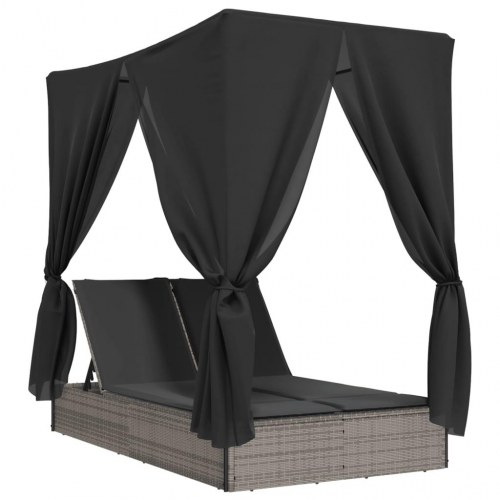 Solseng med tag og gardiner polyrattan grå