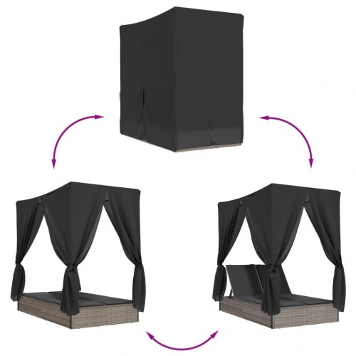 Solseng med tag og gardiner polyrattan grå