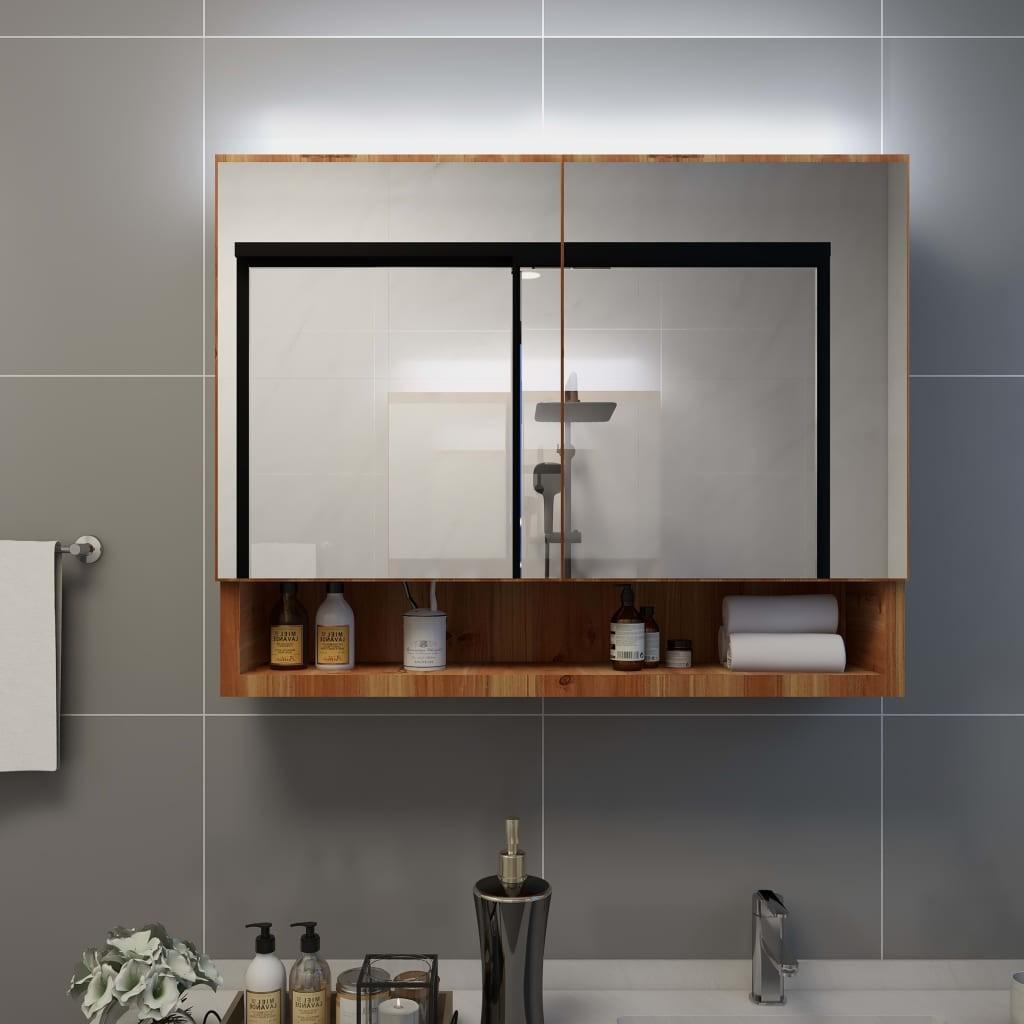 Badeværelsesskab med spejl + LED 80x15x60 cm MDF egetræsfarvet