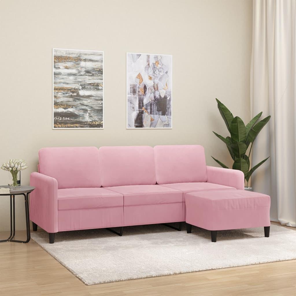 3-Personers Sofa Med Fodskammel 180 Cm Velour - Lyserød