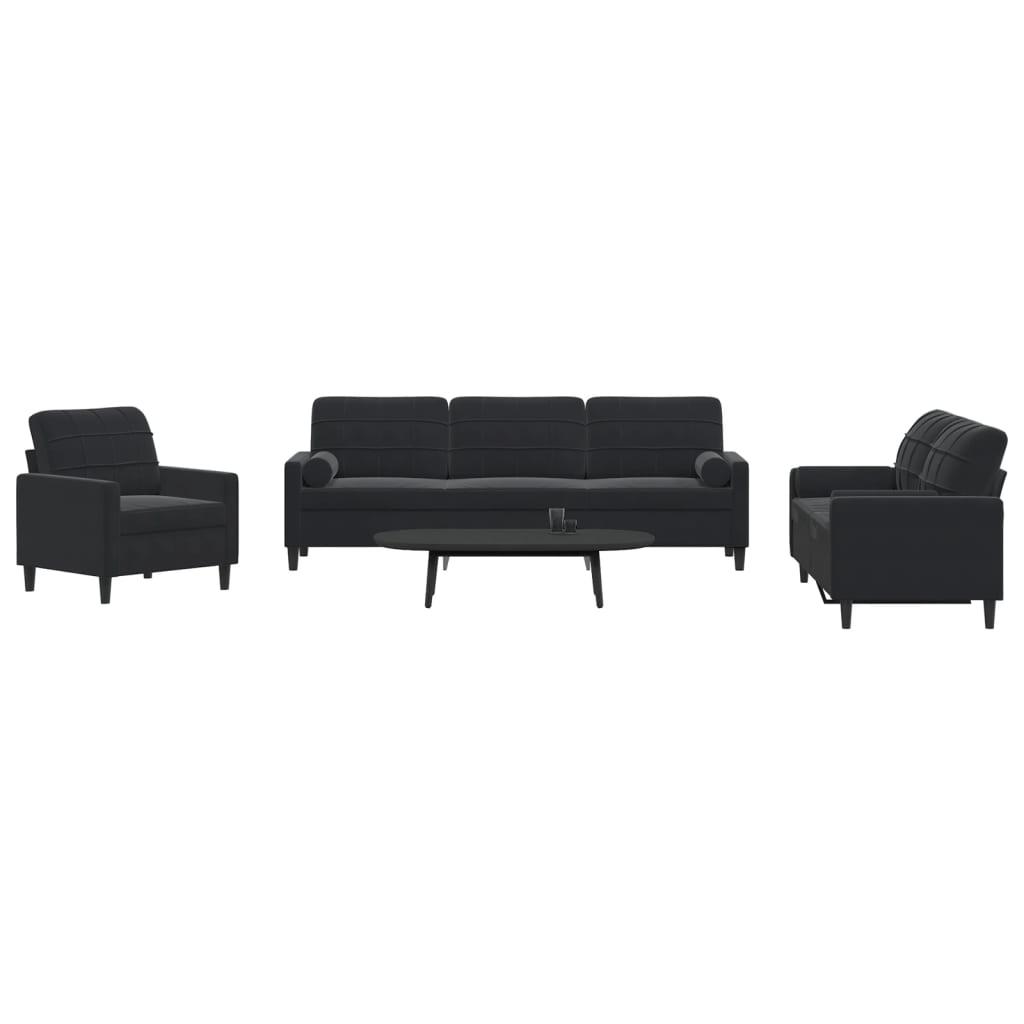 3 personers sofa med hynder og bolsterpuder velour sort