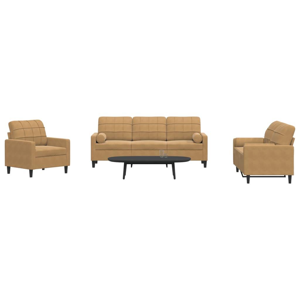 Sofasæt 3 dele med hynder og bolsterpuder velour brun