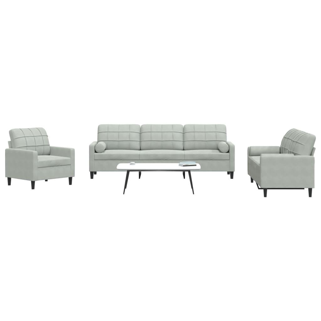3 personers sofa med hynder og bolsterpuder velour lysegrå