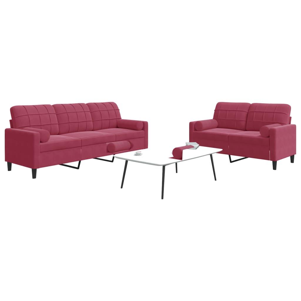 2 personers sofa med hynder og bolsterpuder velour vinrød