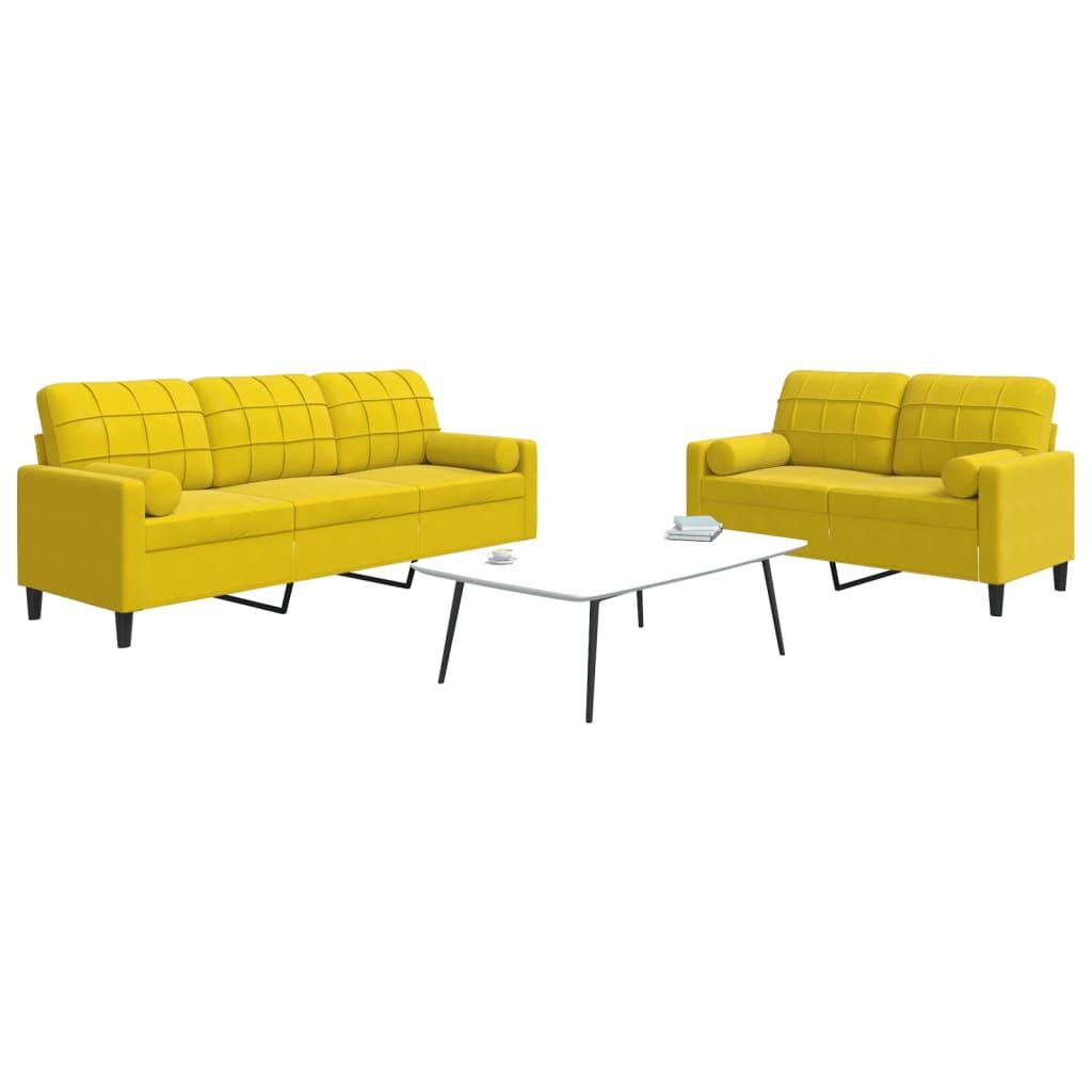 2 personers sofa med hynder og bolsterpuder velour gul