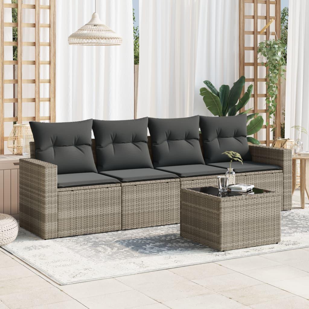 Sofasæt Til Haven 5 Dele Med Hynder Polyrattan Beige - Lysegrå / Med bord