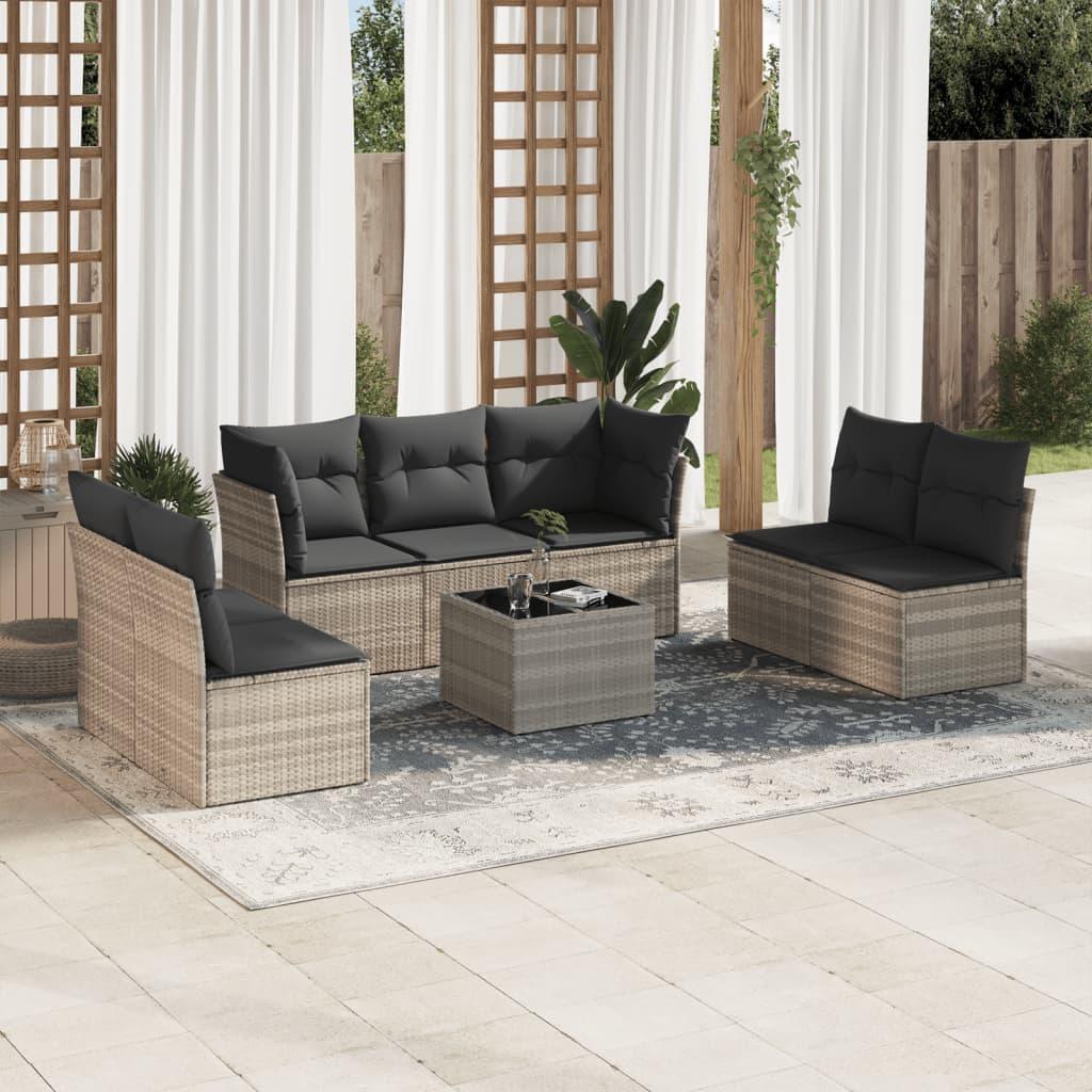 Sofasæt Til Haven 7 Dele Med Hynder Polyrattan - Lysegrå / Med bord