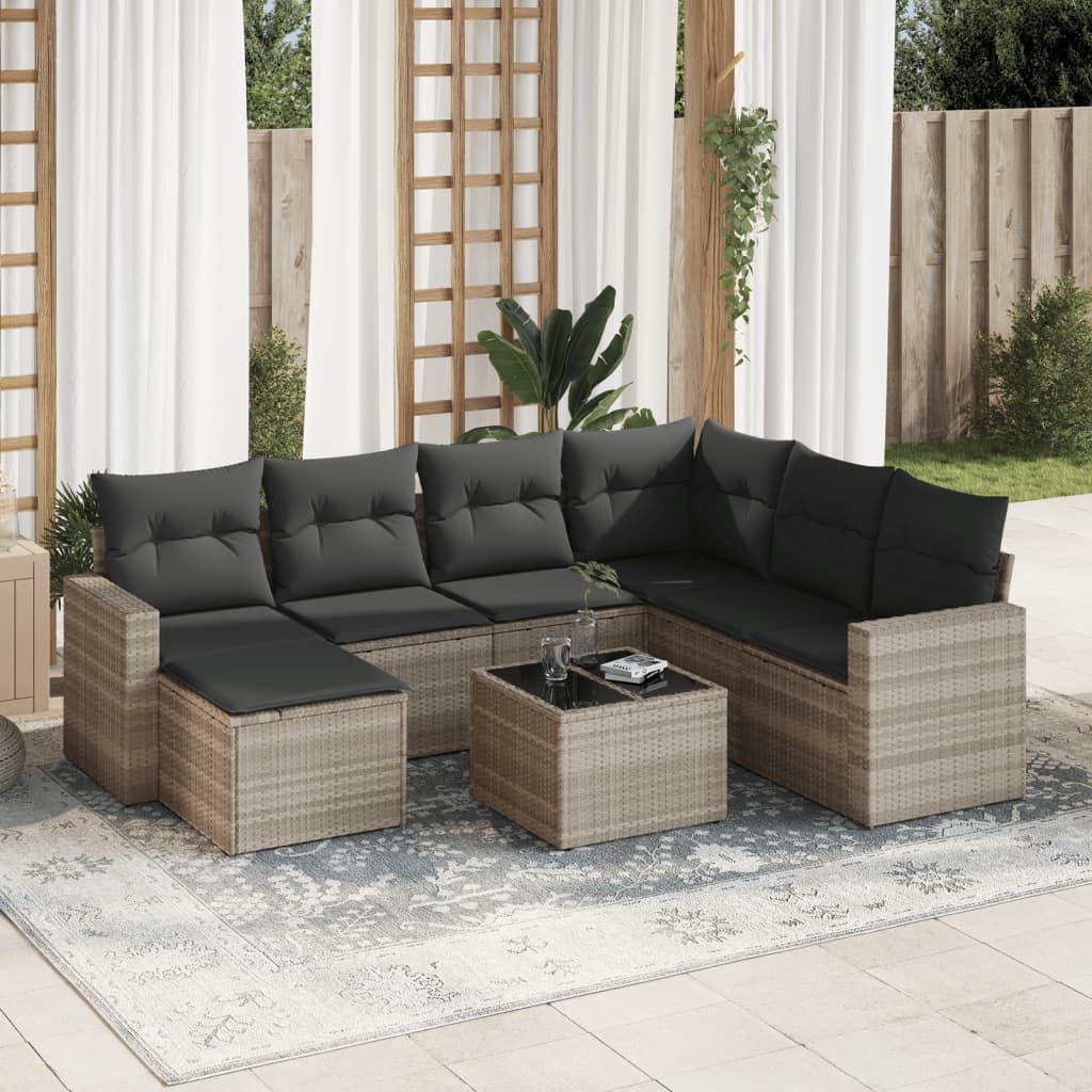 Sofasæt Til Haven 7 Dele Med Hynder Polyrattan - Lysegrå / Med bord