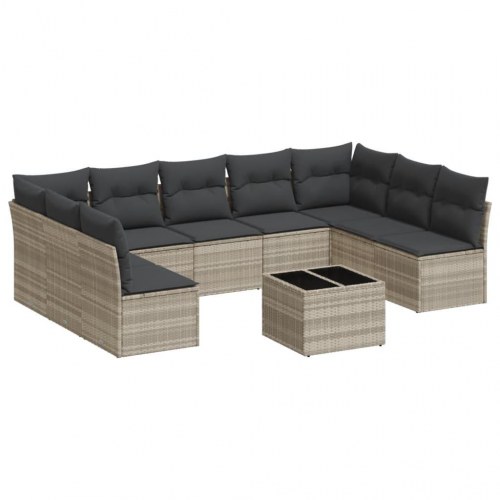 Sofasæt til haven i polyrattan - 10 dele med hynder, lysegrå