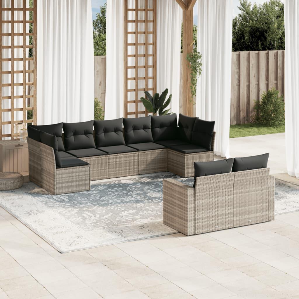 Sofasæt Til Haven 9 Dele Med Hynder Polyrattan Sort - Lysegrå / Uden bord