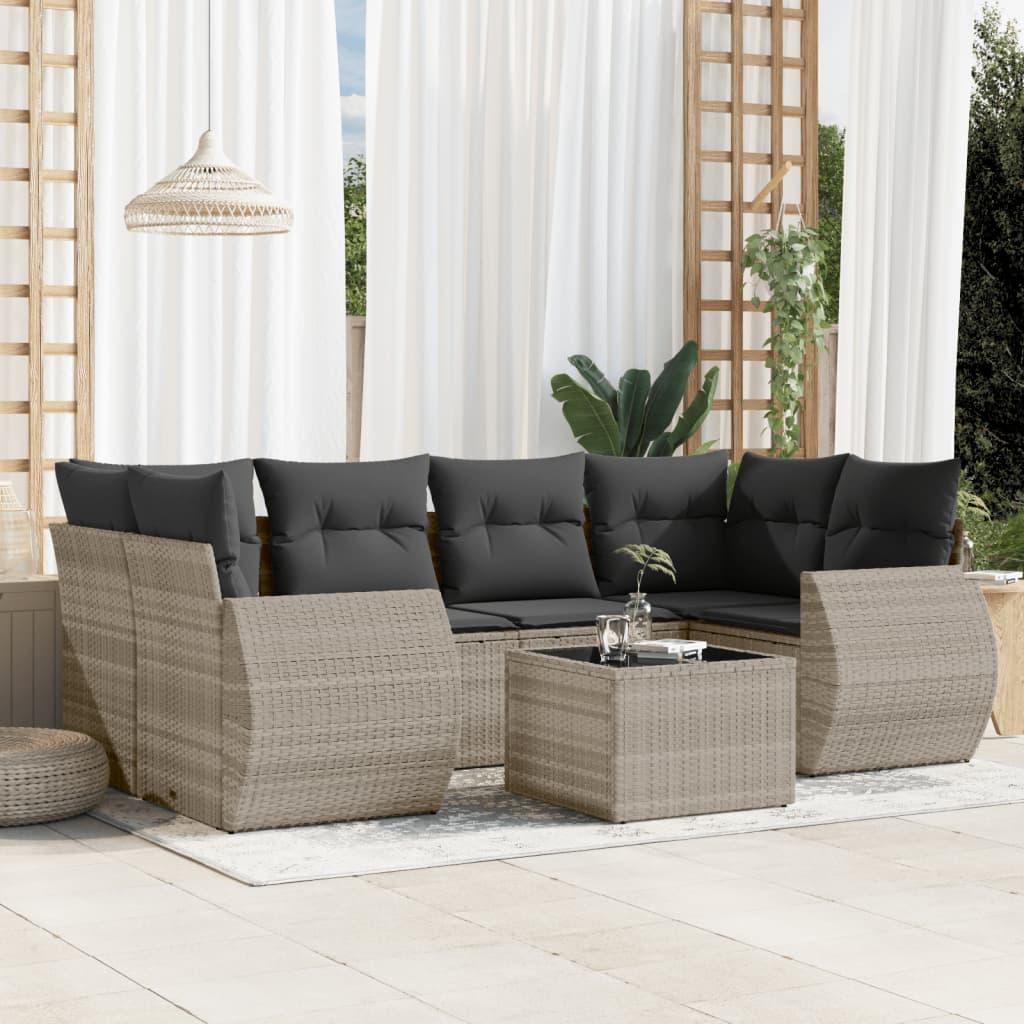 Sofasæt til haven 7 dele med hynder og opbevaring i polyrattan lysegrå