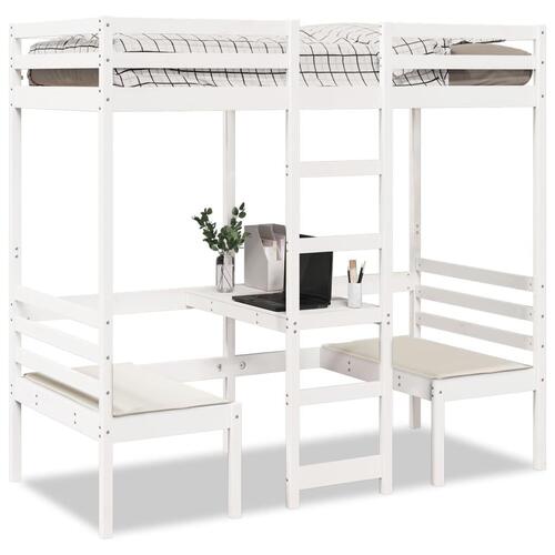 Højseng med skrivebord og stole 90x190 cm massivt fyrretræ hvid