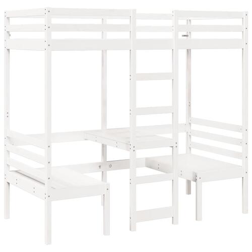 Højseng med skrivebord og stole 90x190 cm massivt fyrretræ hvid