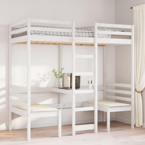 Højseng med skrivebord og stole 90x190 cm massivt fyrretræ hvid