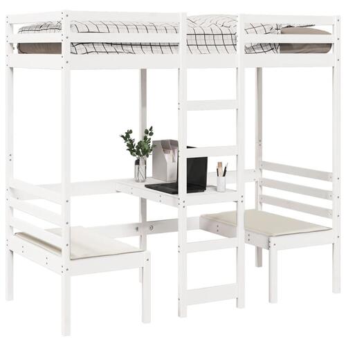 Højseng med skrivebord og stole 90x190 cm massivt fyrretræ hvid