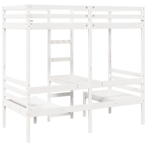 Højseng med skrivebord og stole 90x190 cm massivt fyrretræ hvid