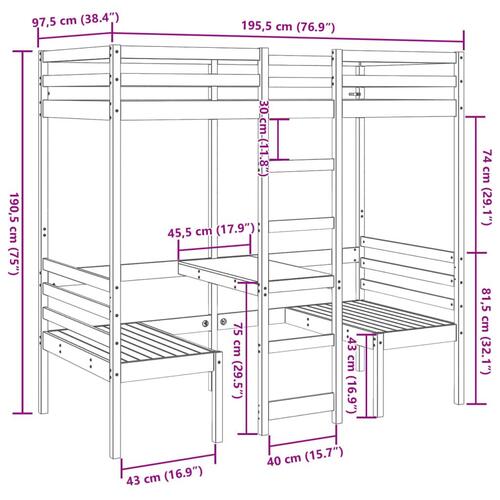 Højseng med skrivebord og stole 90x190 cm massivt fyrretræ hvid