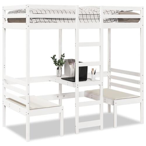 Højseng med skrivebord og stole 80x200 cm massivt fyrretræ hvid