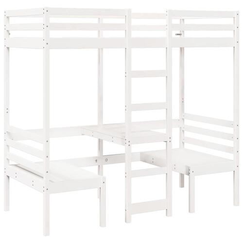 Højseng med skrivebord og stole 80x200 cm massivt fyrretræ hvid