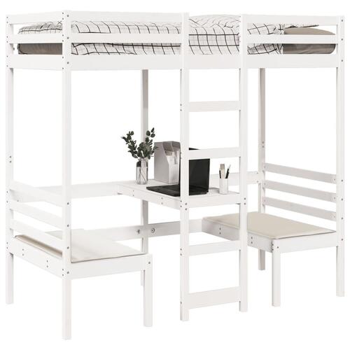 Højseng med skrivebord og stole 80x200 cm massivt fyrretræ hvid