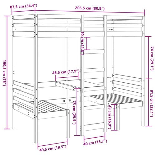 Højseng med skrivebord og stole 80x200 cm massivt fyrretræ hvid