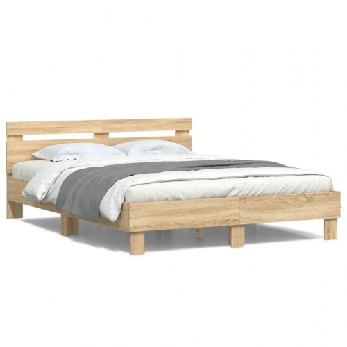 Sengeramme med sengegavl og LED-lys 140x190 cm - sonoma-eg