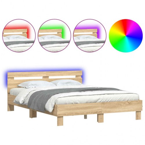 Sengeramme med sengegavl og LED-lys 140x190 cm - sonoma-eg
