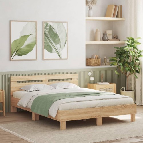 Sengeramme med sengegavl og LED-lys 140x190 cm - sonoma-eg