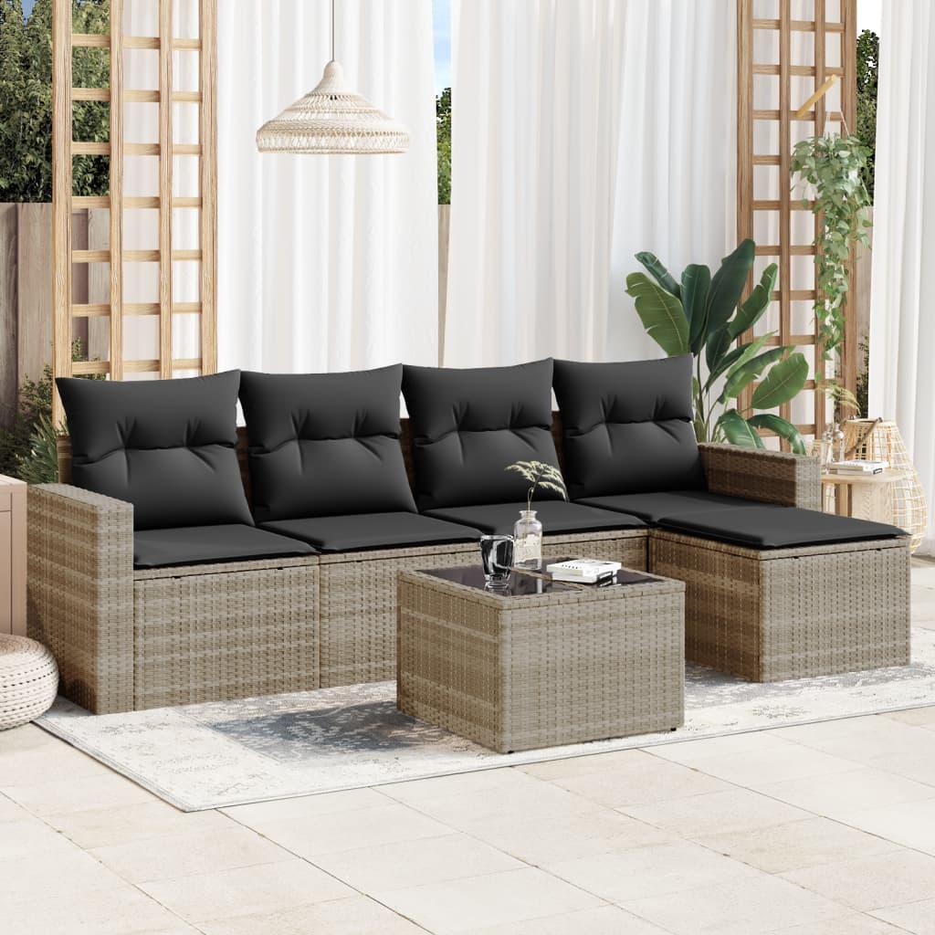 Sofasæt Til Haven 6 Dele Med Hynder Polyrattan - Lysegrå / Med bord