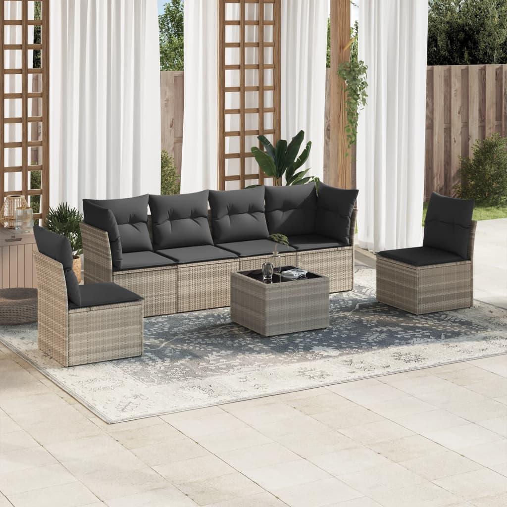Sofasæt Til Haven 6 Dele Med Hynder Polyrattan Sort - Lysegrå / Med bord