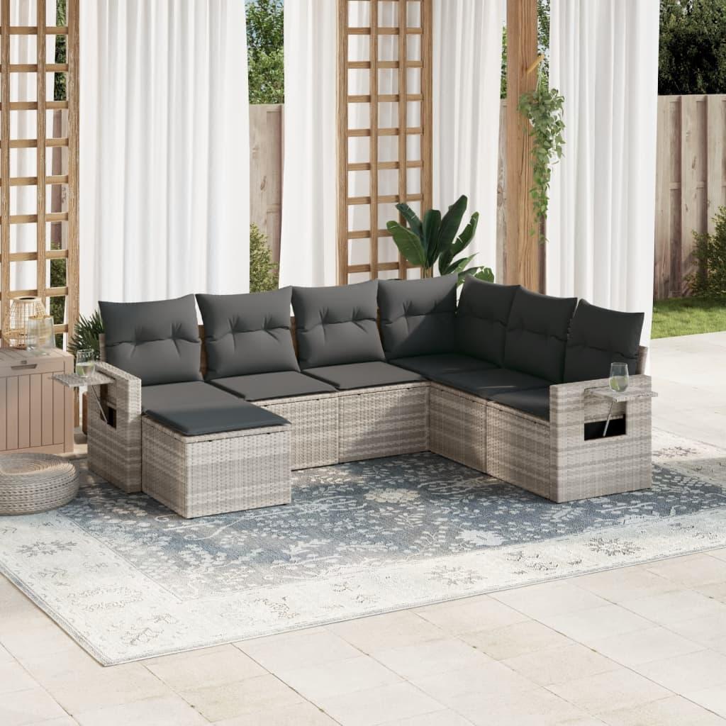 Sofasæt til haven, 7 dele med hynder i polyrattan - lysegrå