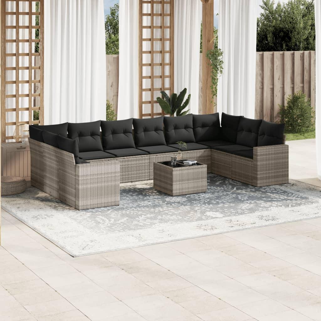 Loungesæt Til Haven 11 Dele Med Hynder Polyrattan - Lysegrå / Med bord