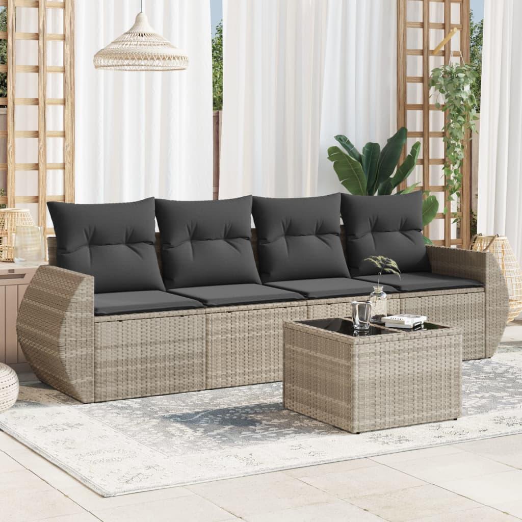 Sofasæt Til Haven 5 Dele Med Hynder Polyrattan - Lysegrå / Med bord