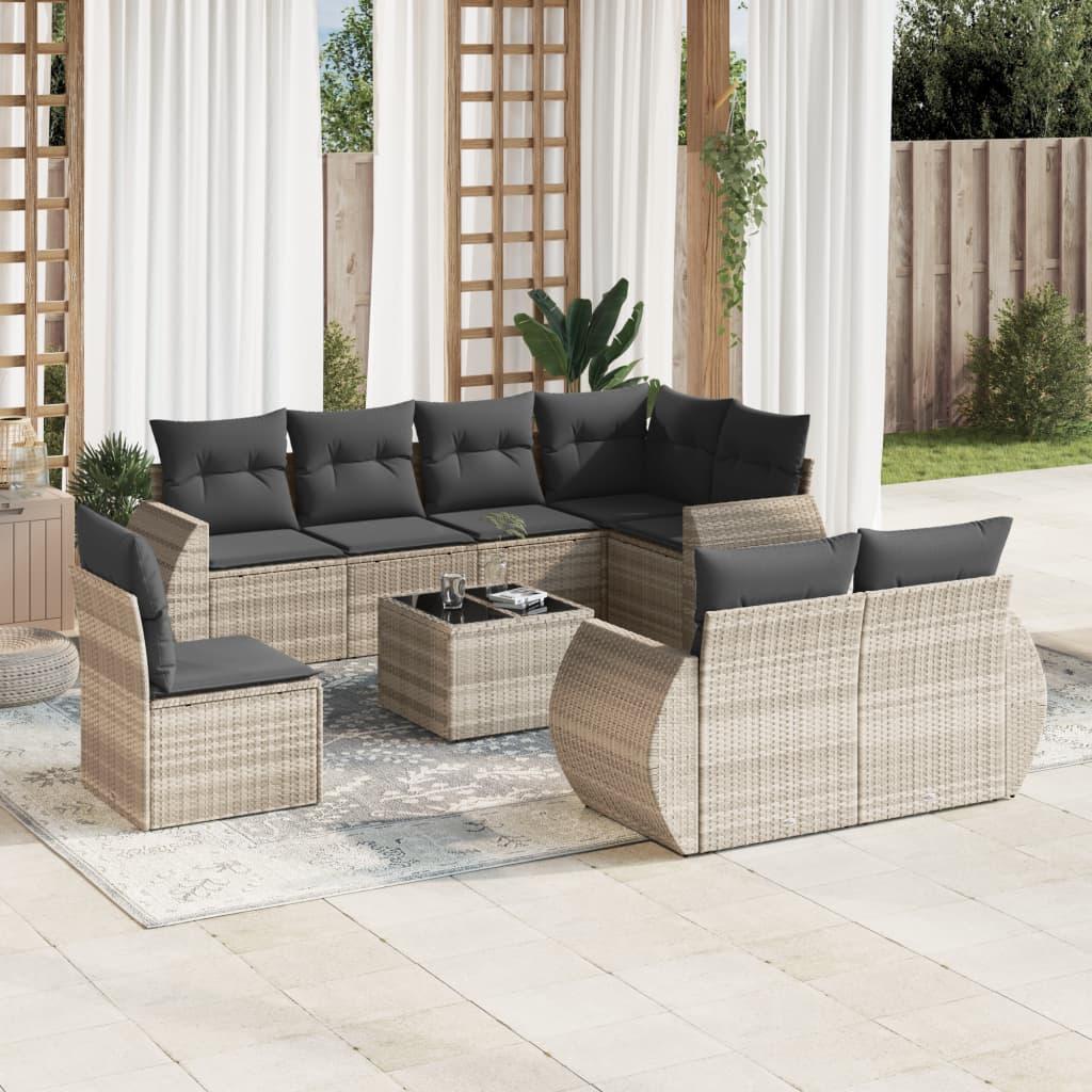 Sofasæt Til Haven 9 Dele Med Hynder Polyrattan Beige - Lysegrå / Med bord