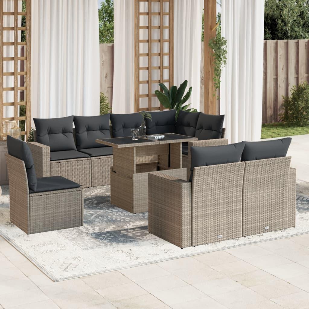 Sofasæt Til Haven 9 Dele Med Hynder Polyrattan Sort - Lysegrå / uden opbevaring