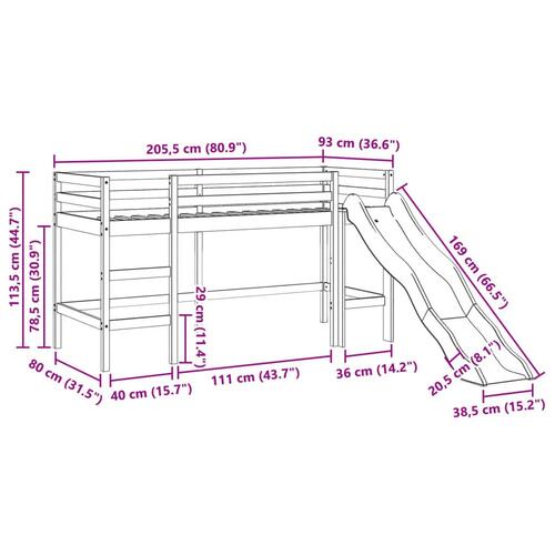 Højseng uden madras 80x200 cm massivt fyrretræ hvid