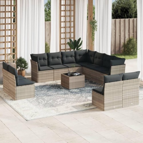 Sofasæt til haven i polyrattan - 12 dele med hynder, lysegrå