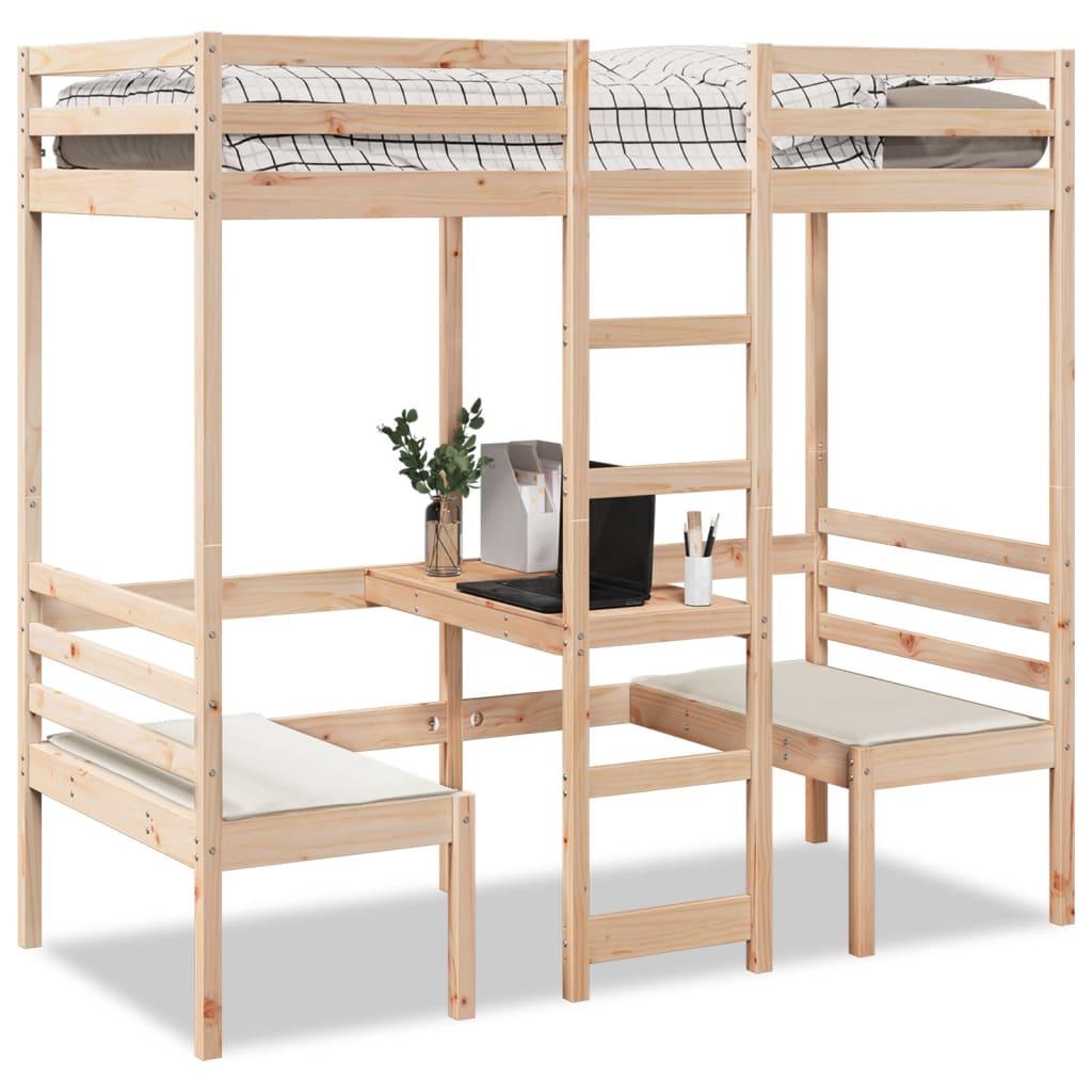 Højseng Med Skrivebord Og Stole 90x200 Cm Massivt Fyrretræ