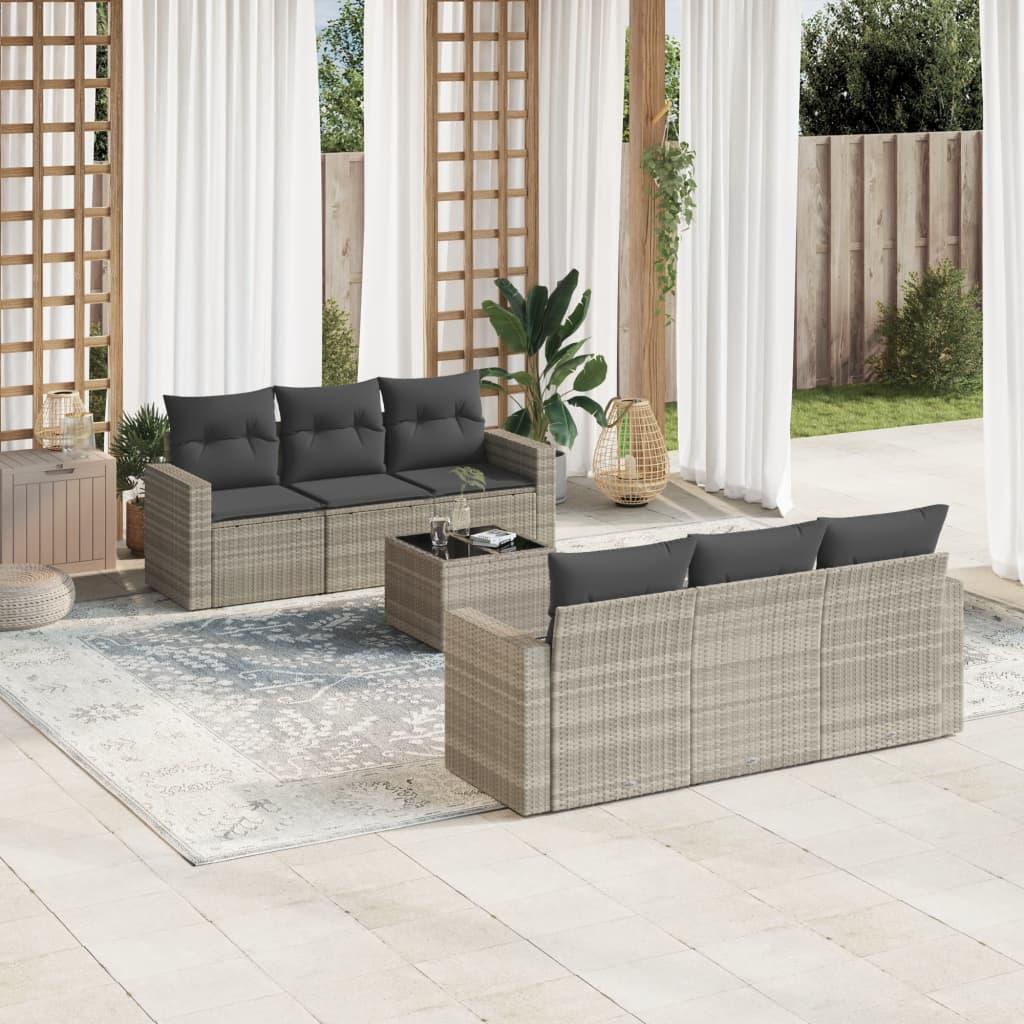 Sofasæt til haven 7 dele med hynder og opbevaring i polyrattan lysegrå