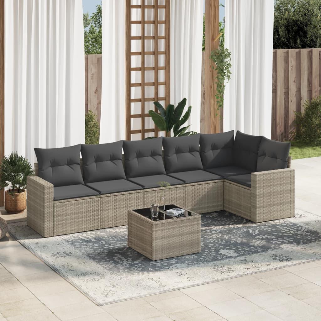 Sofasæt til haven i polyrattan - 7 dele med hynder, lysegrå