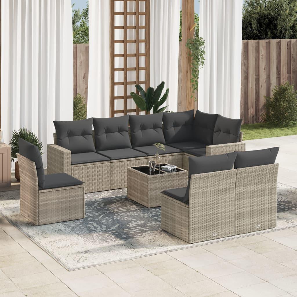 Sofasæt Til Haven 8 Dele Med Hynder Polyrattan Sort - Lysegrå / Med bord