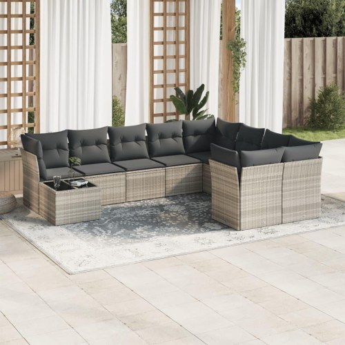 Havesofasæt i polyrattan - 10 dele med hynder, lysegrå