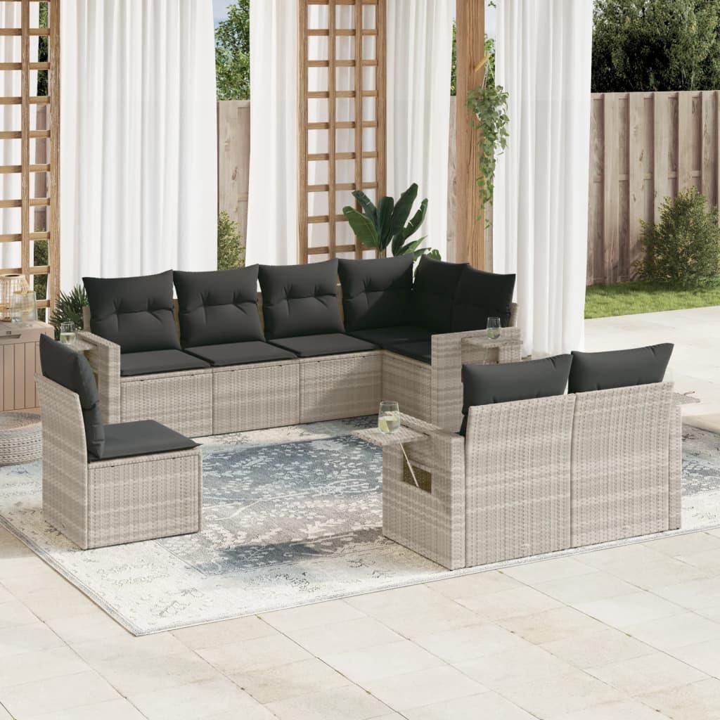 Sofasæt til haven i polyrattan - 8 dele med hynder, lysegrå