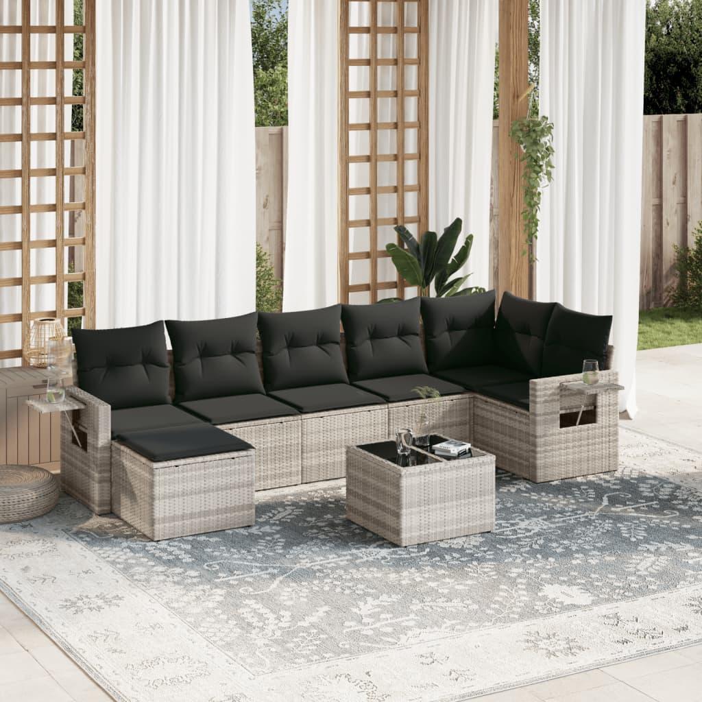 Sofasæt til haven 8 dele med hynder og opbevaring i polyrattan lysegrå