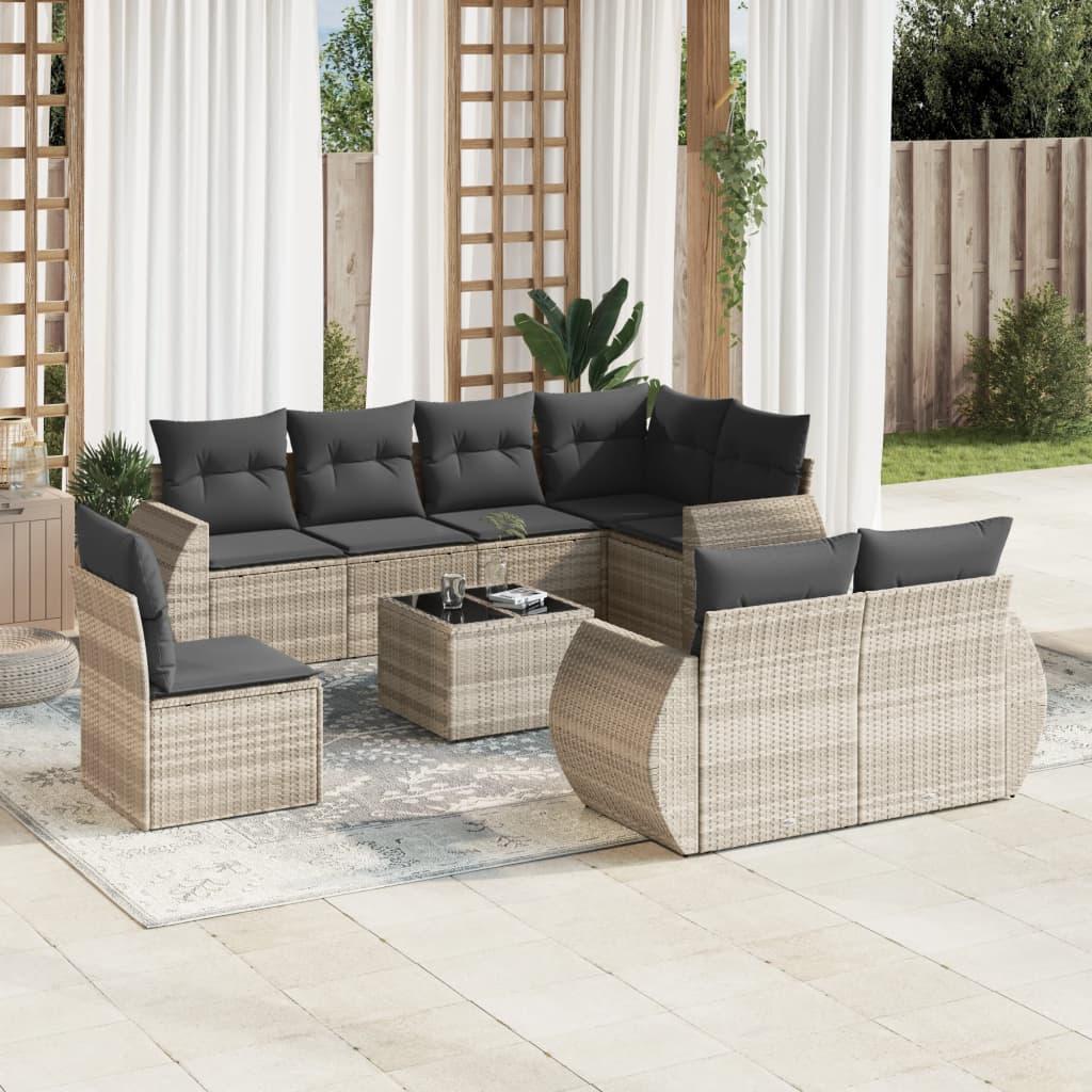 Sofasæt Til Haven 9 Dele Med Hynder Polyrattan Beige - Lysegrå / Med bord