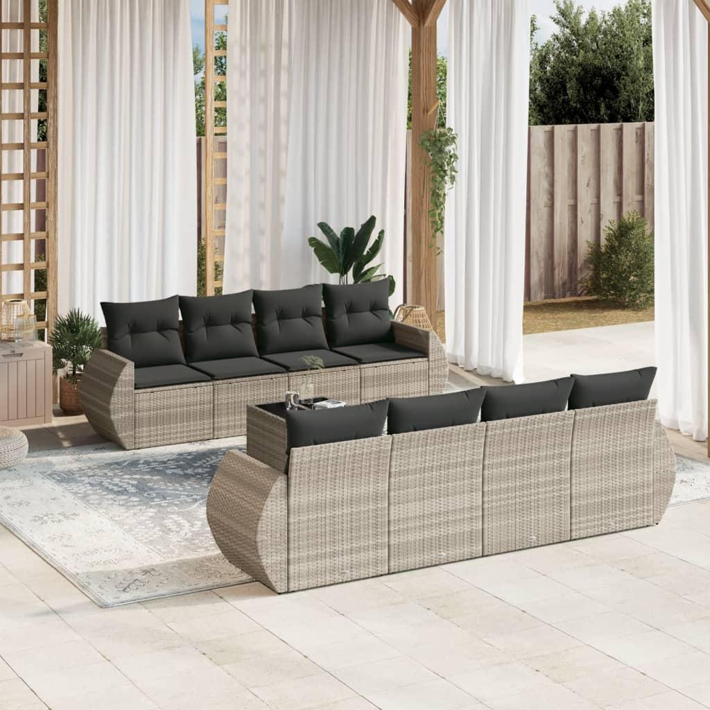Sofasæt til haven - 9 dele i polyrattan, lysegrå, med hynder