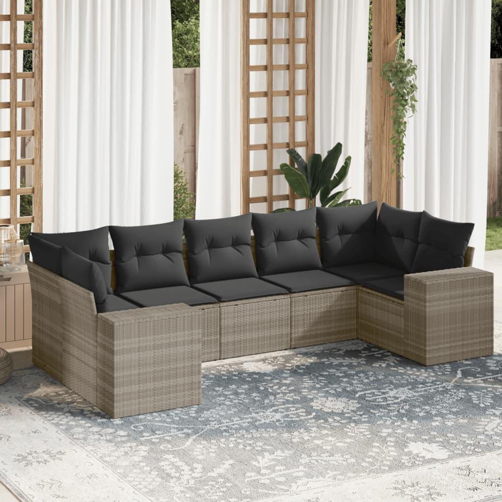 Sofasæt Til Haven 7 Dele Med Hynder Polyrattan Sort - Lysegrå og mørkegrå