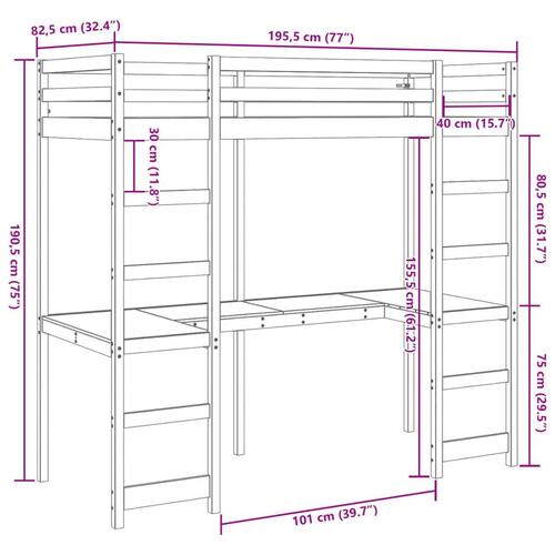 Højseng uden madras 75x190 cm massivt fyrretræ hvid