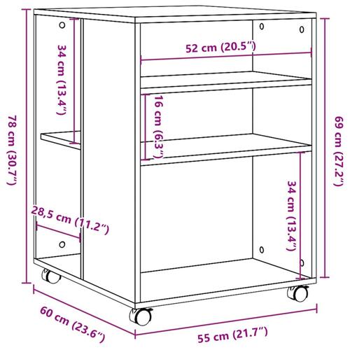 Sidebord med hjul 55x60x78 cm konstrueret træ brunt egetræ