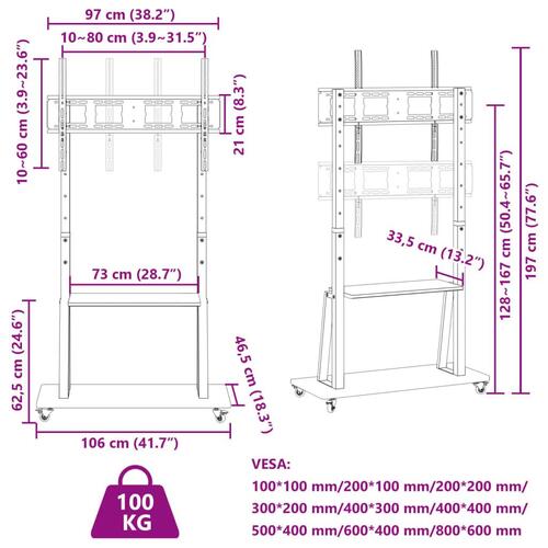 Tv-stativ med hjul 32-90" skærm maks. VESA 800x600 mm 100 kg